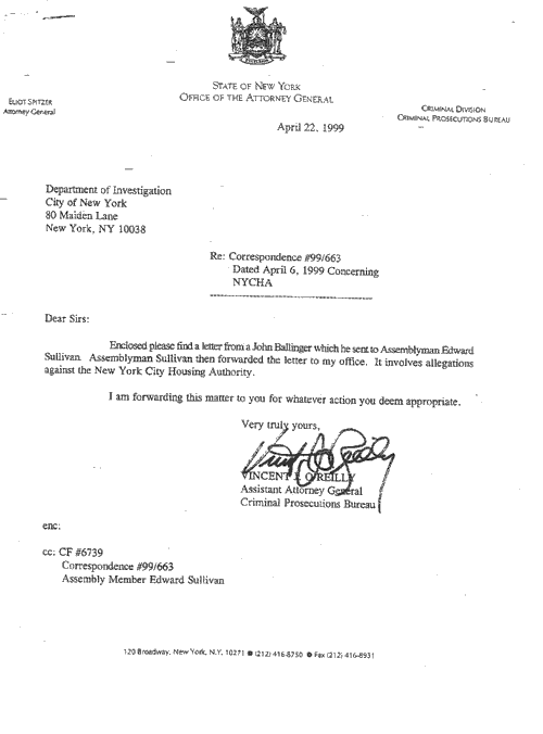Graphic copy of AG letter sending complaint to DOI
